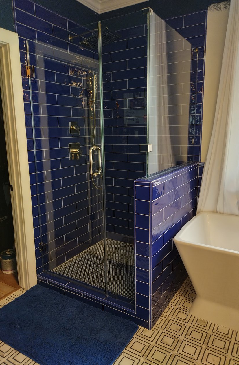 dark blue bathroom finished
