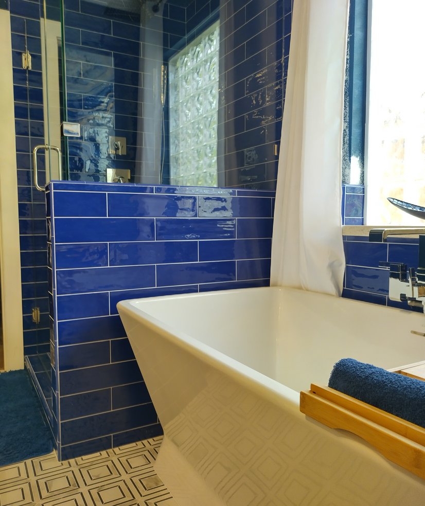 dark blue bathroom renovation