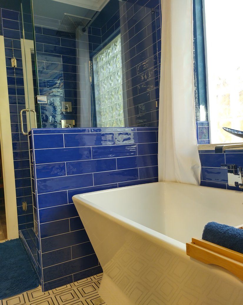 dark blue bathroom remodel