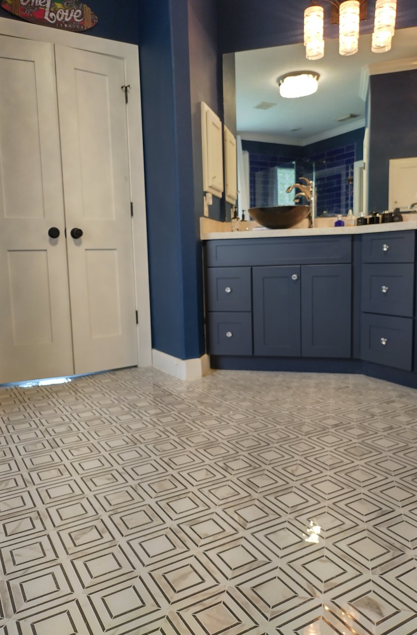 dark blue bathroom showcase