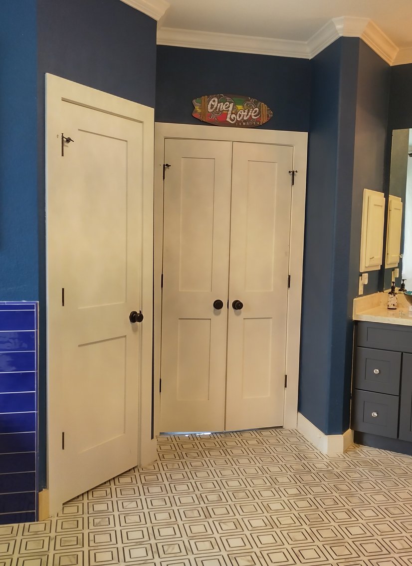 dark blue bathroom project complete